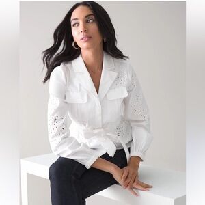 White House Black Market Tie-Waist Embroidered Poplin Shirt